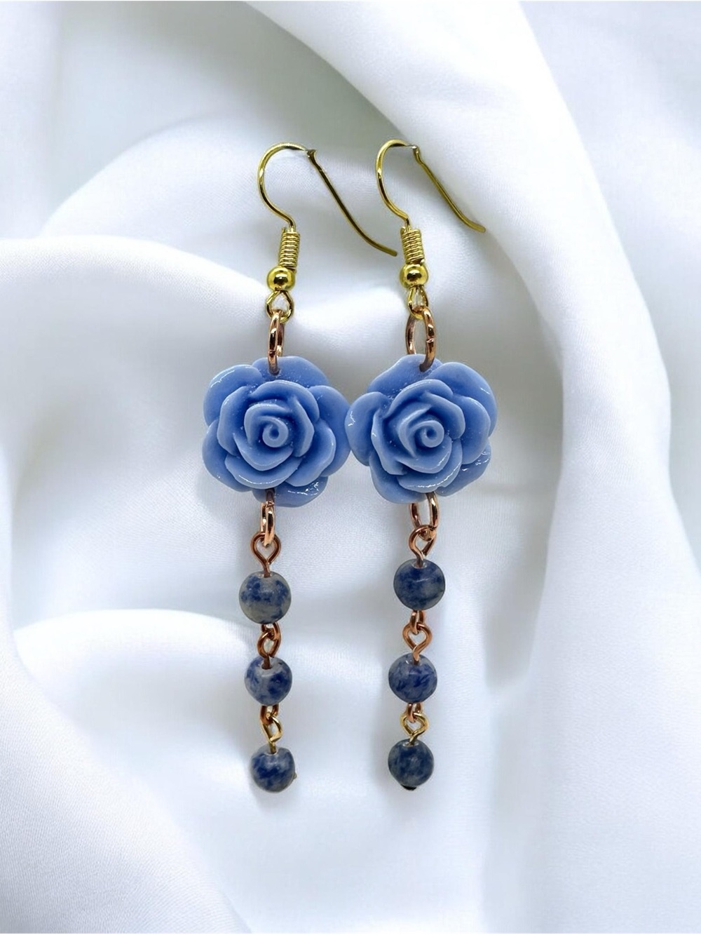 Blue Rose Sodalite Beaded Dangle Earrings Handmade Floral Jewelry